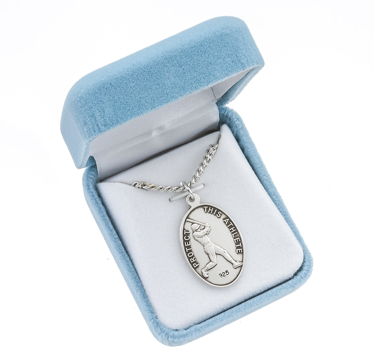 Saint Christopher Oval Sterling Silver Baseball Male Athlete Medal Pendant with Chain