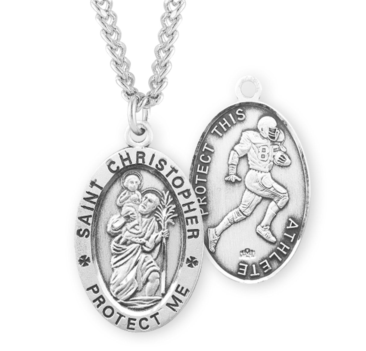 Saint Christopher Oval Sterling Silver Football Male Athlete Medal Pendant with Chain