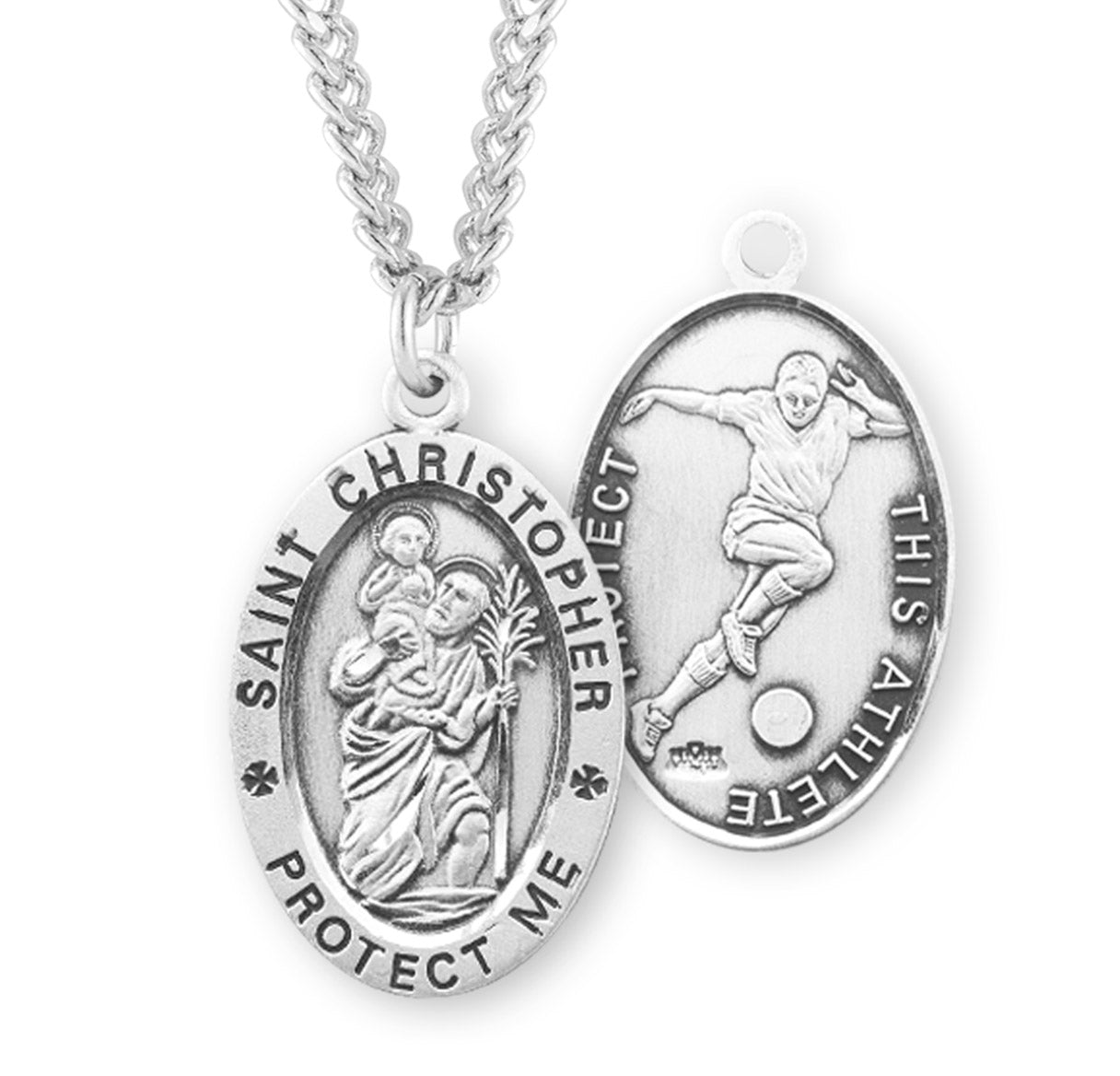 Saint Christopher Oval Sterling Silver Soccer Male Athlete Medal Pendant with Chain