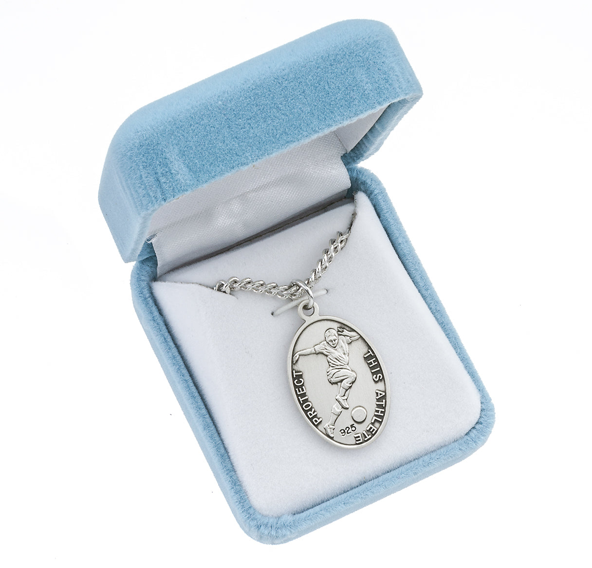 Saint Christopher Oval Sterling Silver Soccer Male Athlete Medal Pendant with Chain