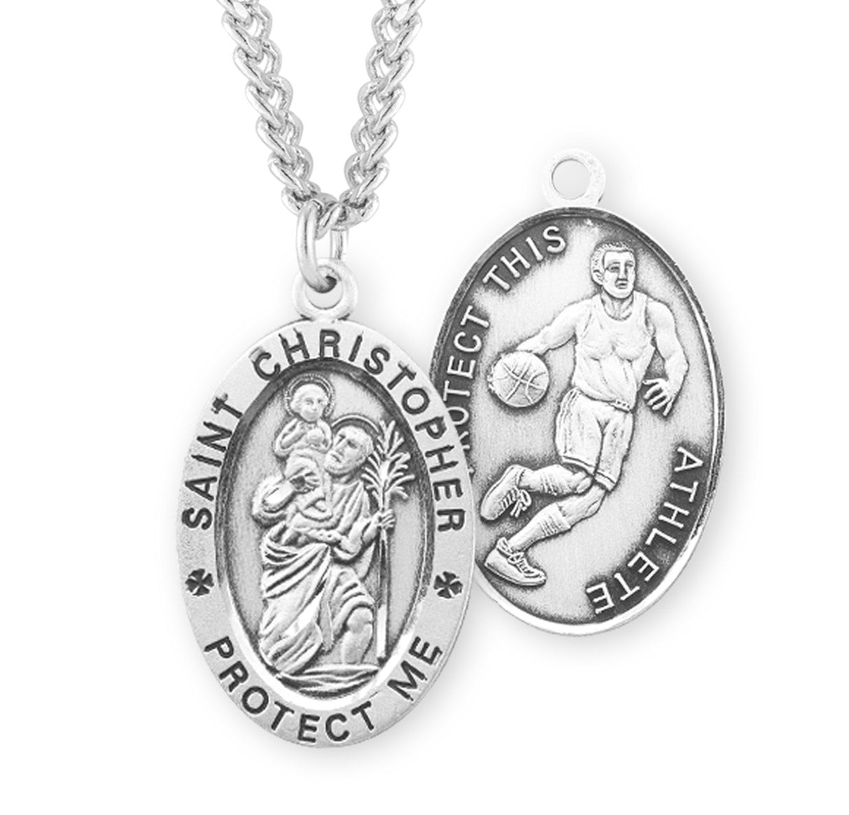 Saint Christopher Oval Sterling Silver Basketball Male Athlete Medal Pendant with Chain