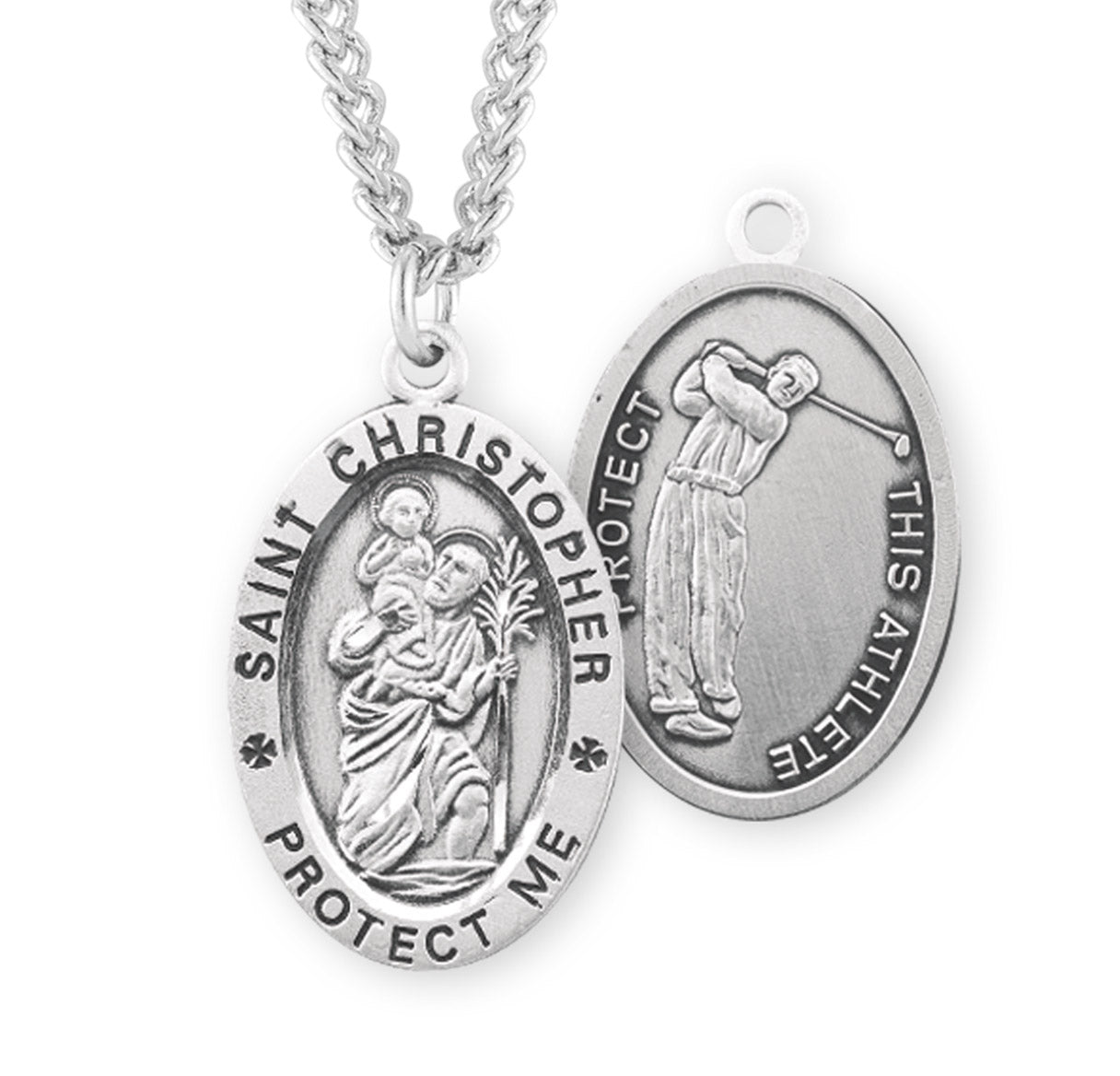 Saint Christopher Oval Sterling Silver Golf Male Athlete Medal Pendant with Chain