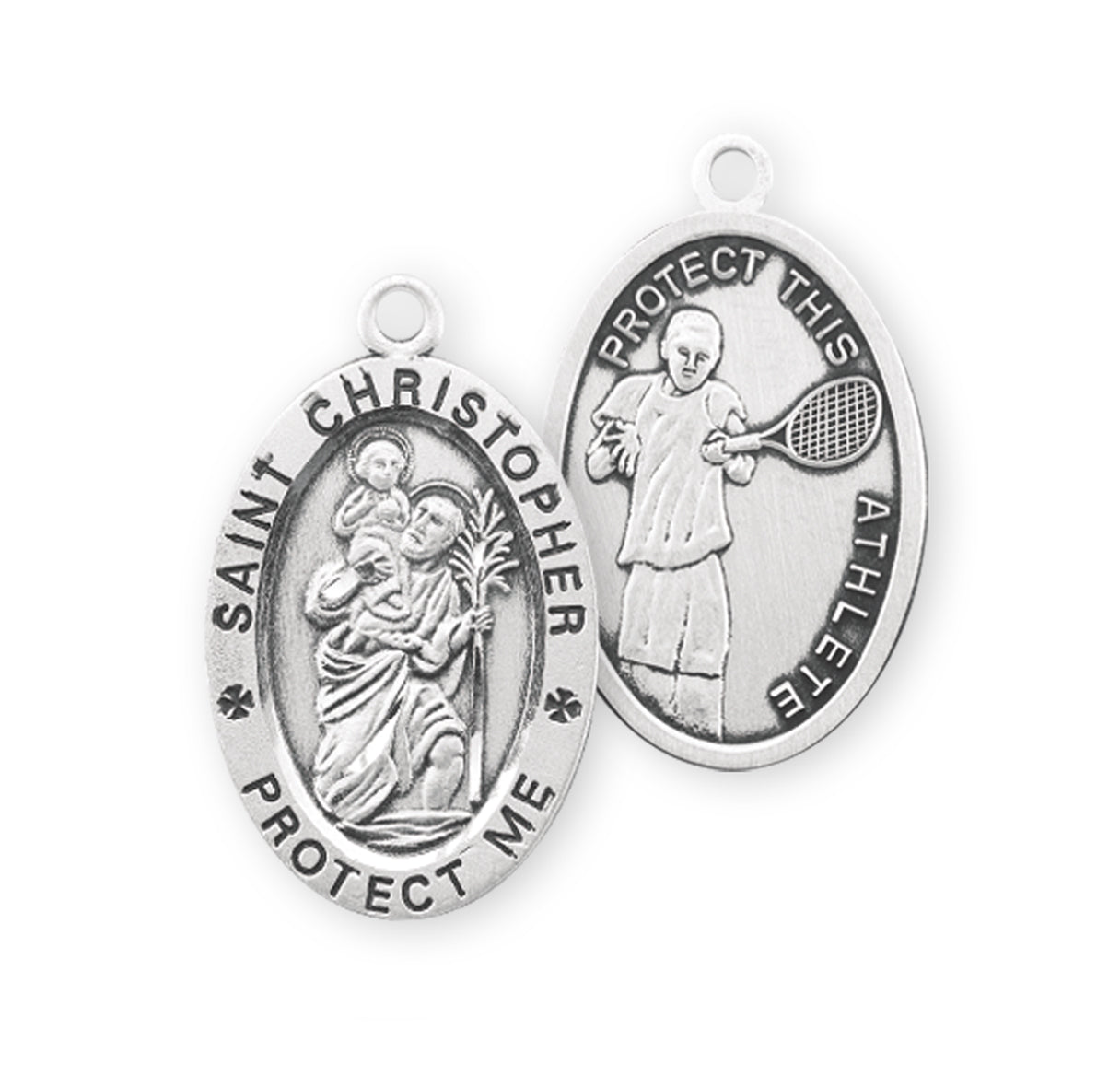 Saint Christopher Oval Sterling Silver Tennis Male Athlete Medal Pendant with Chain