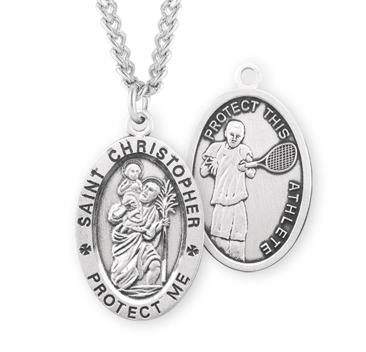 Saint Christopher Oval Sterling Silver Tennis Male Athlete Medal Pendant with Chain