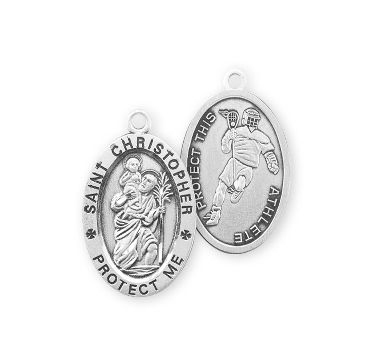 Saint Christopher Oval Sterling Silver Lacrosse Male Athlete Medal Pendant with Chain