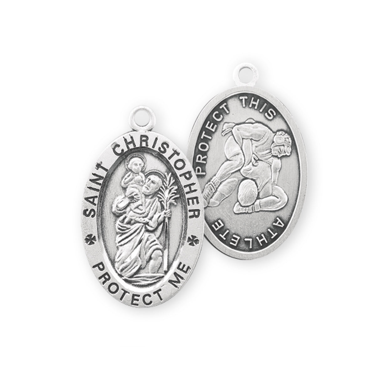 Saint Christopher Oval Sterling Silver Wrestling Male Athlete Medal Pendant with Chain