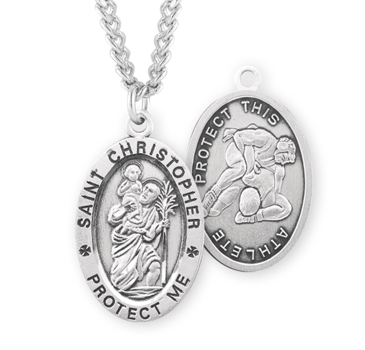 Saint Christopher Oval Sterling Silver Wrestling Male Athlete Medal Pendant with Chain