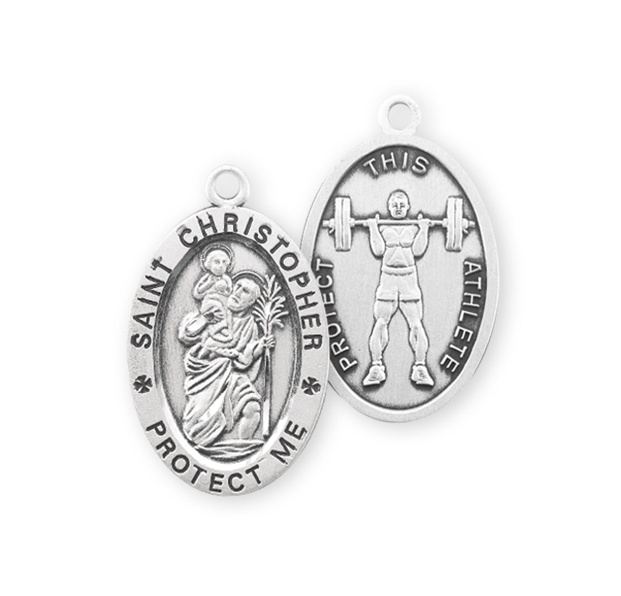Saint Christopher Oval Sterling Silver weightlifting Male Athlete Medal Pendant with Chain