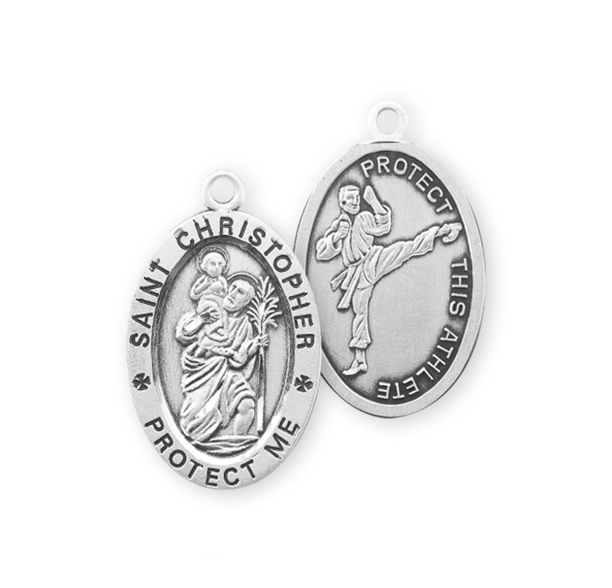 Saint Christopher Oval Sterling Silver Martial Arts Athlete Medal Pendant with Chain