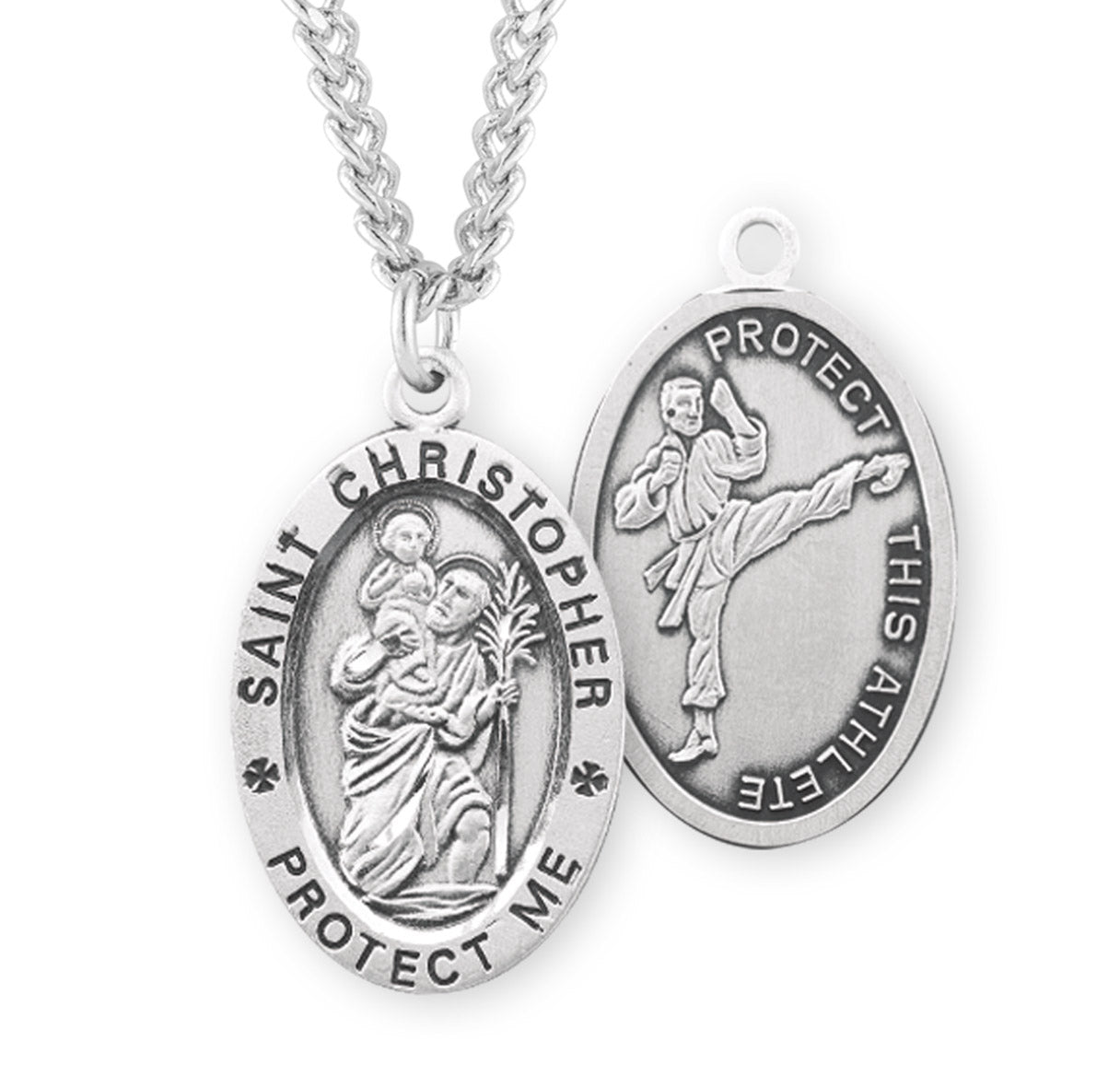 Saint Christopher Oval Sterling Silver Martial Arts Athlete Medal Pendant with Chain