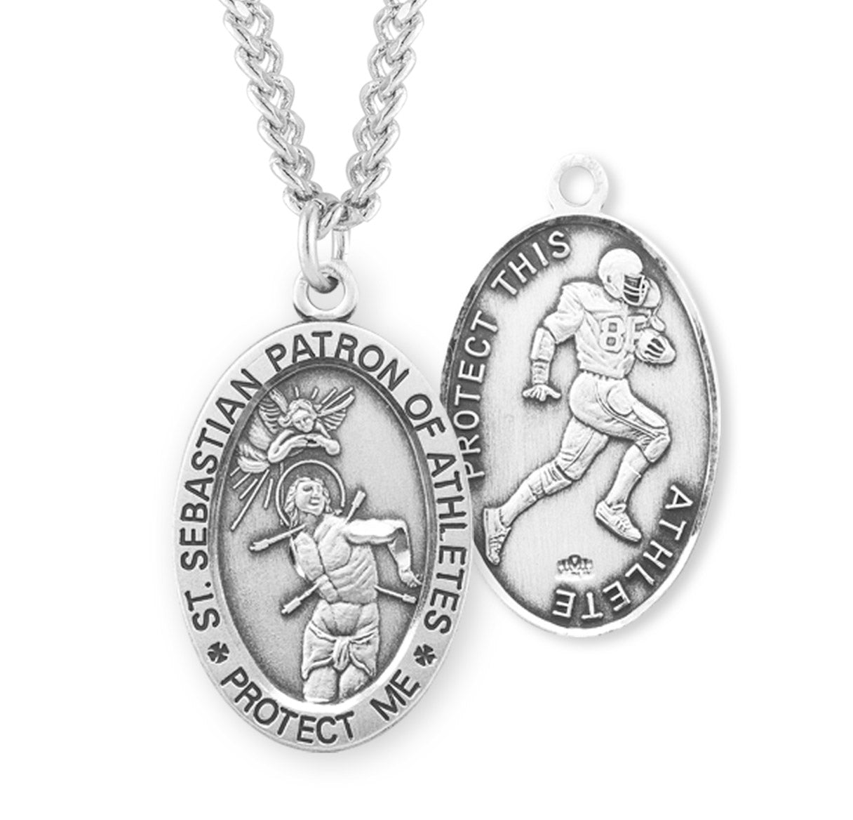 Saint Sebastian Oval Sterling Silver Football Male Athlete Medal Pendant with Chain