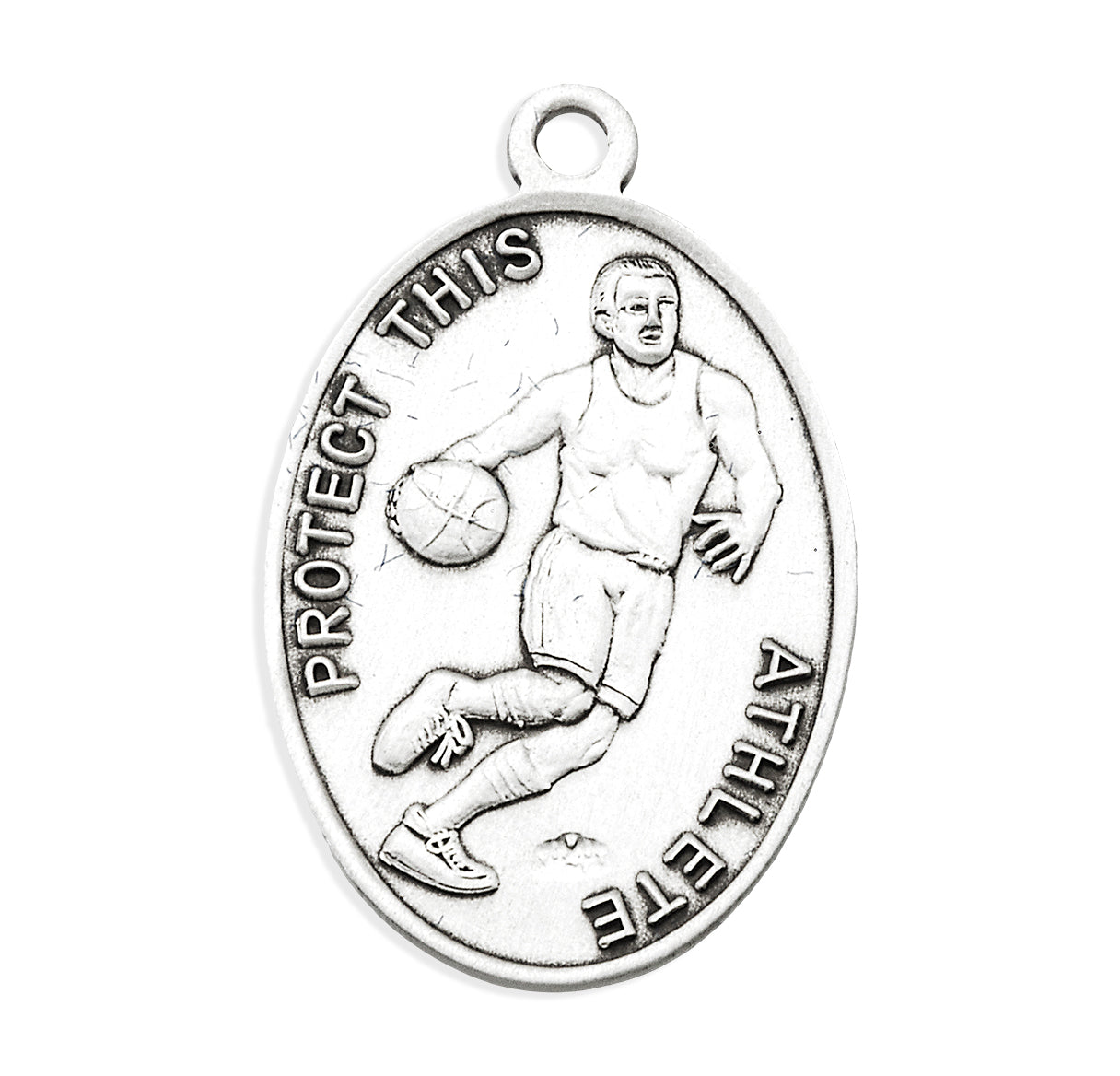 Saint Sebastian Oval Sterling Silver Basketball Male Athlete Medal Pendant with Chain