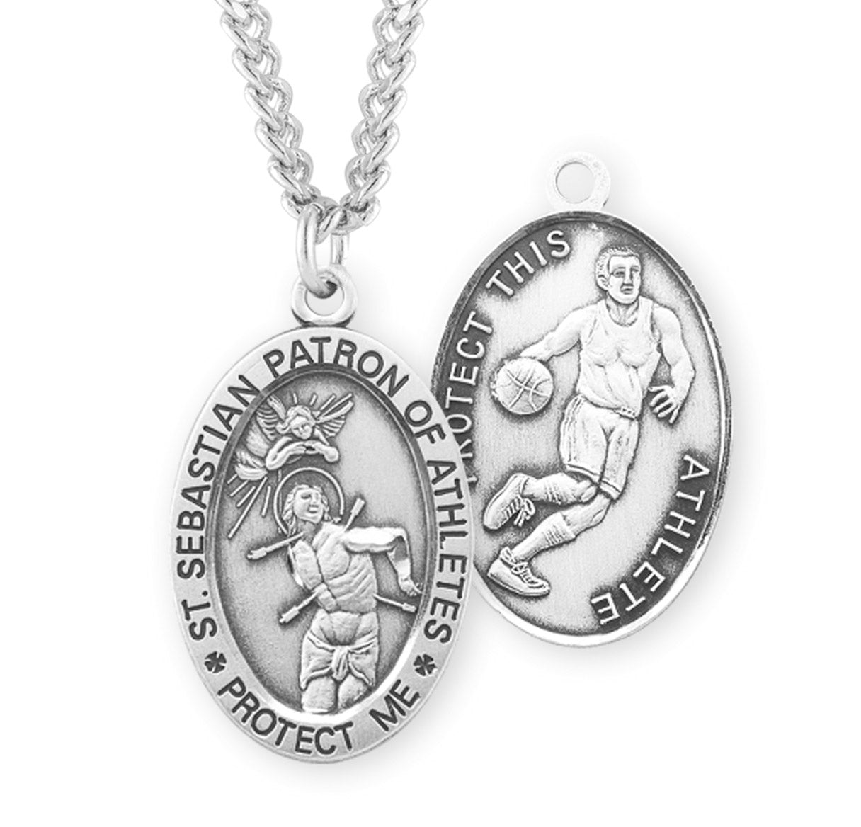 Saint Sebastian Oval Sterling Silver Basketball Male Athlete Medal Pendant with Chain