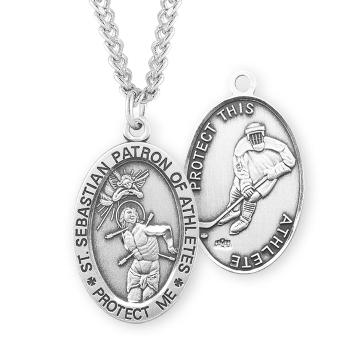 Saint Sebastian Oval Sterling Silver Hockey Male Athlete Medal Pendant with Chain