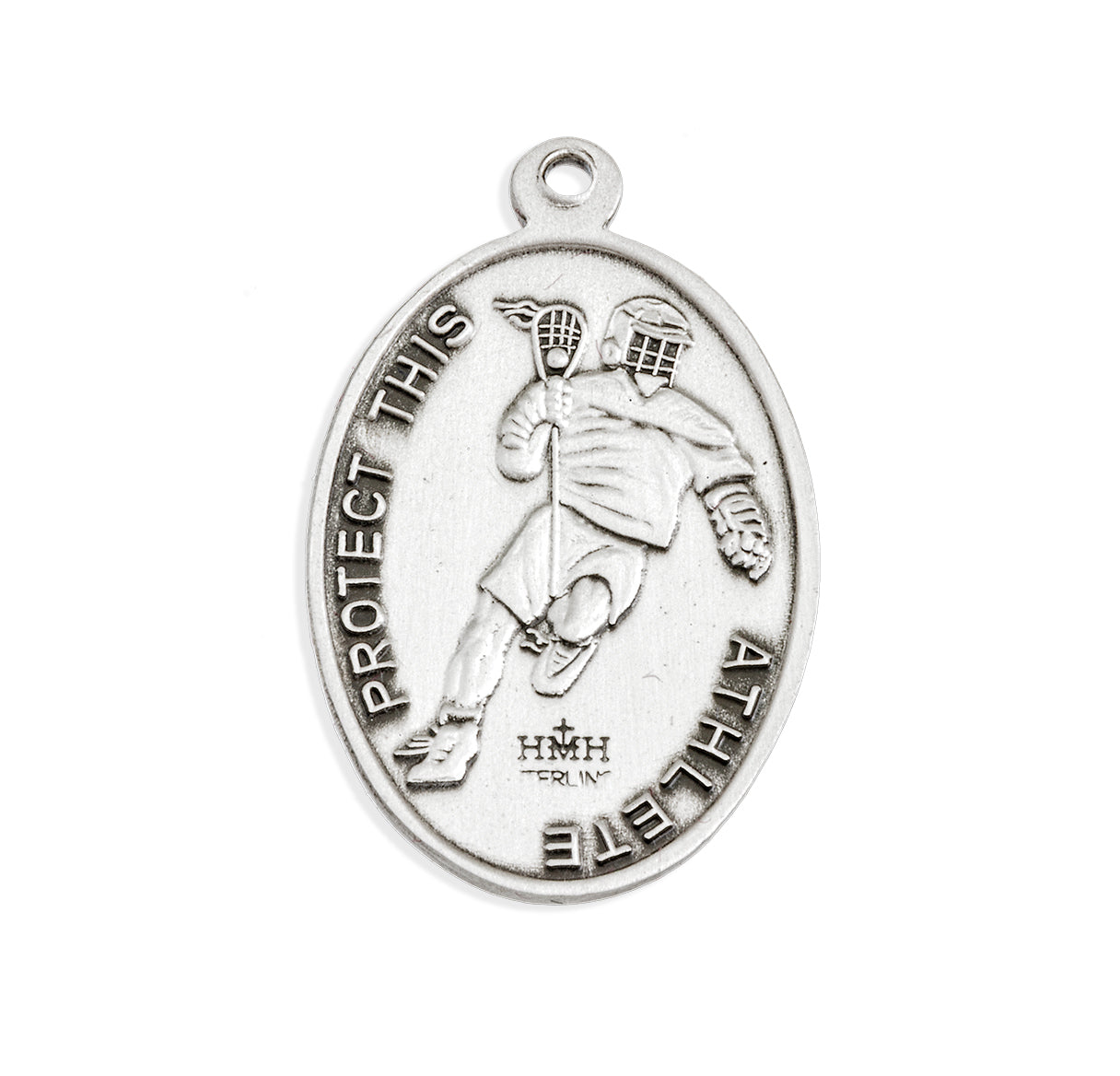 Saint Sebastian Oval Sterling Silver Lacrosse Male Athlete Medal Pendant with Chain