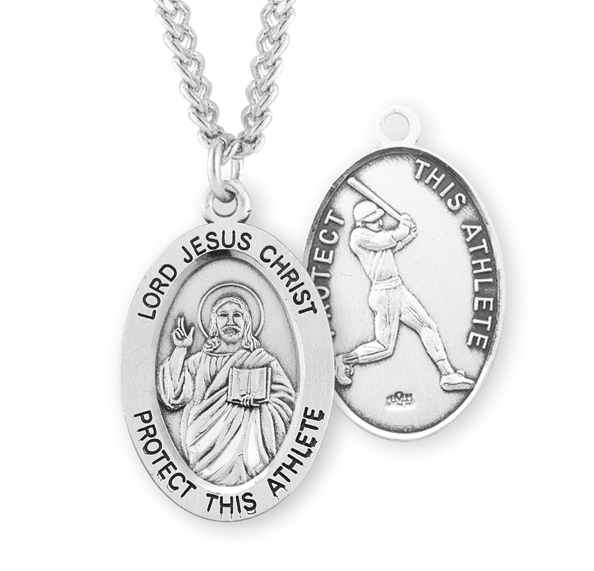 Lord Jesus Christ Oval Sterling Silver Baseball Male Athlete Medal Pendant with Chain