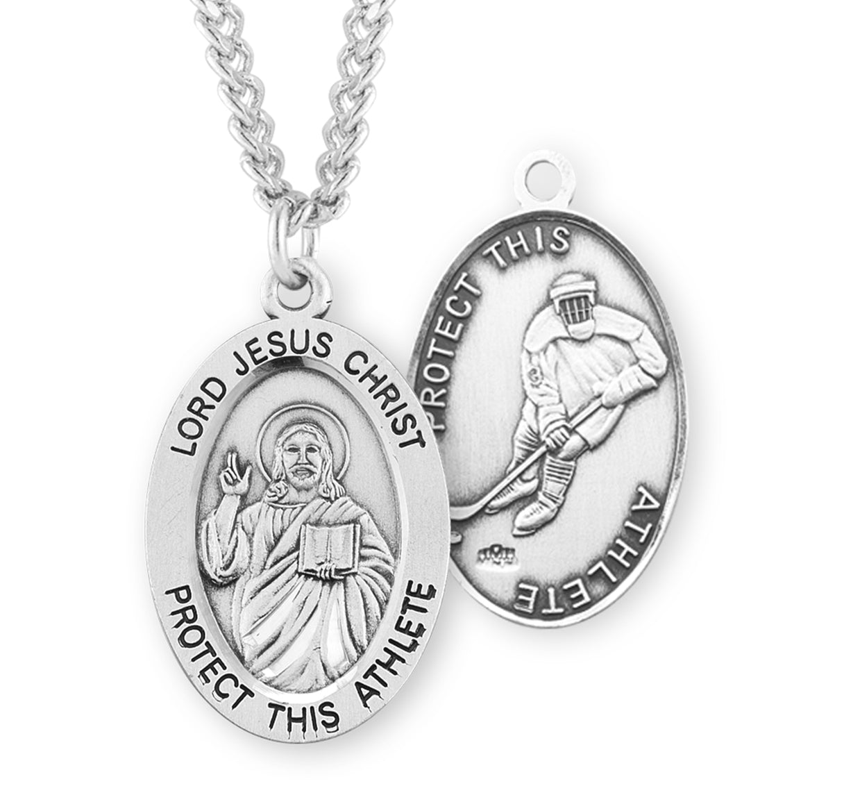Lord Jesus Christ Oval Sterling Silver Football Male Athlete Medal Pendant with Chain