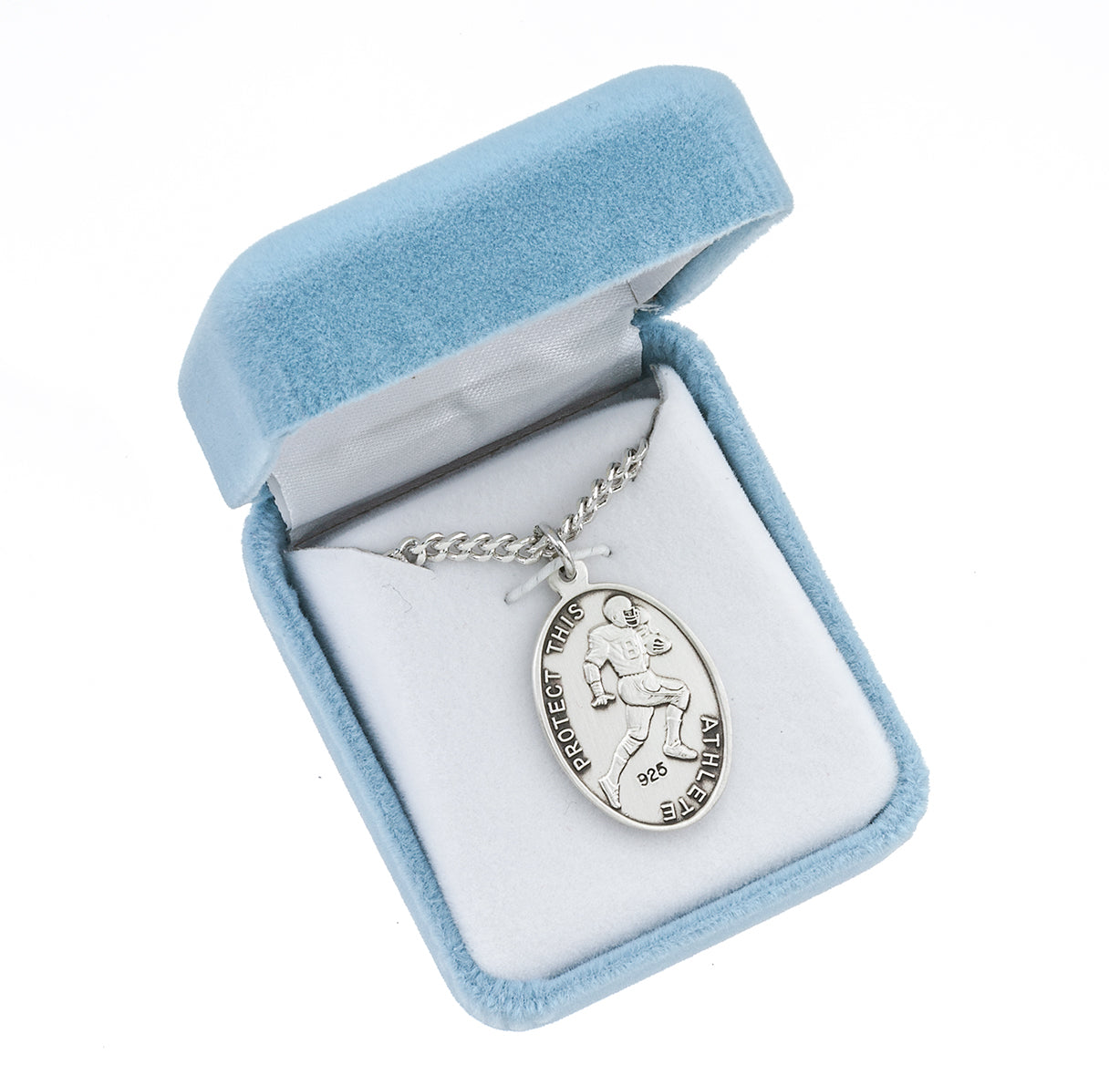 Lord Jesus Christ Oval Sterling Silver Football Male Athlete Medal Pendant with Chain