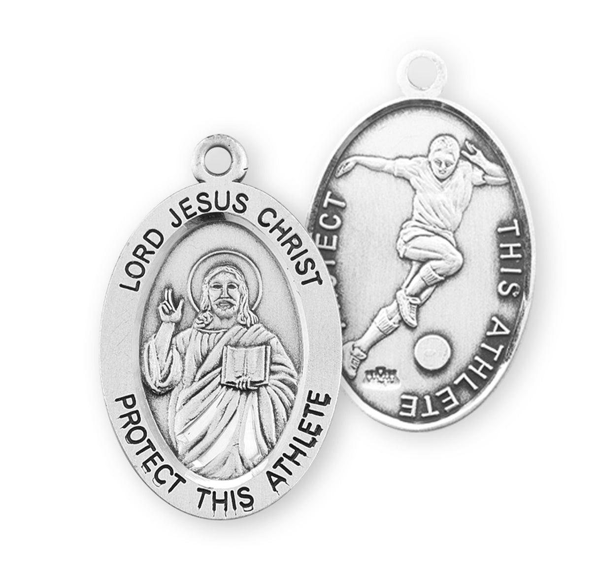 Lord Jesus Christ Oval Sterling Silver Soccer Male Athlete Medal Pendant with Chain