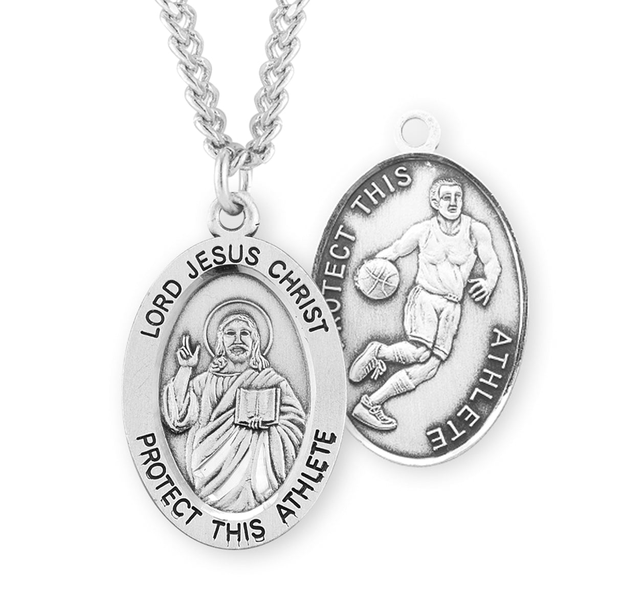Lord Jesus Christ Oval Sterling Silver Basketball Male Athlete Medal Pendant with Chain
