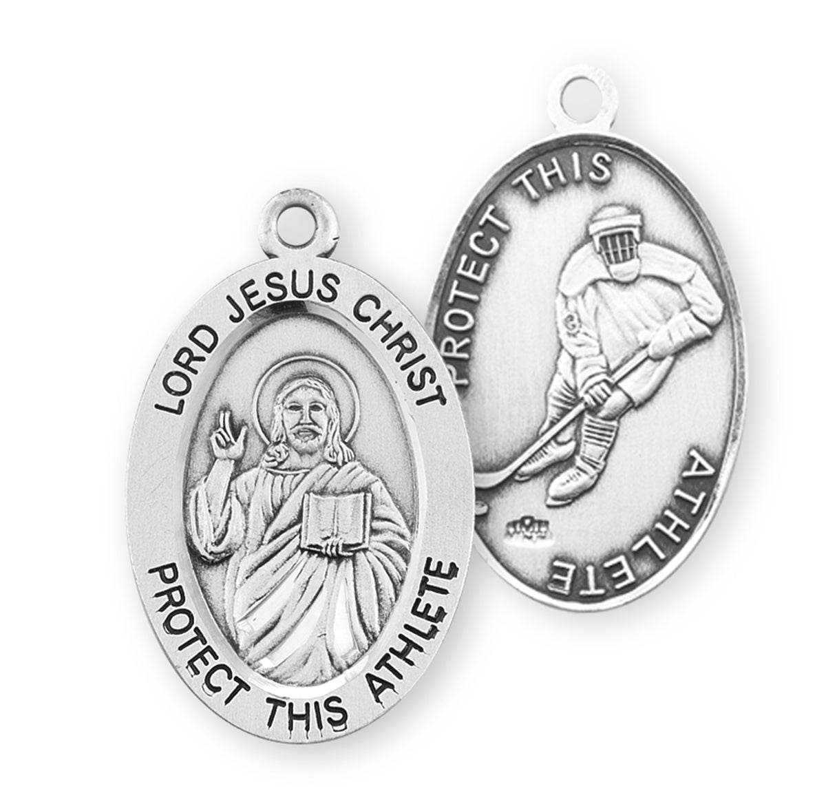 Lord Jesus Christ Oval Sterling Silver Hockey Male Athlete Medal Pendant with Chain