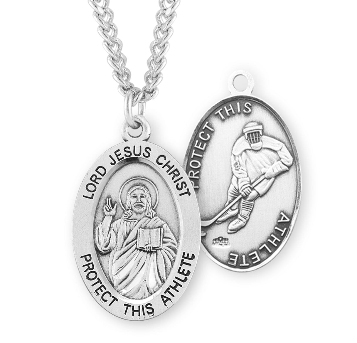 Lord Jesus Christ Oval Sterling Silver Hockey Male Athlete Medal Pendant with Chain