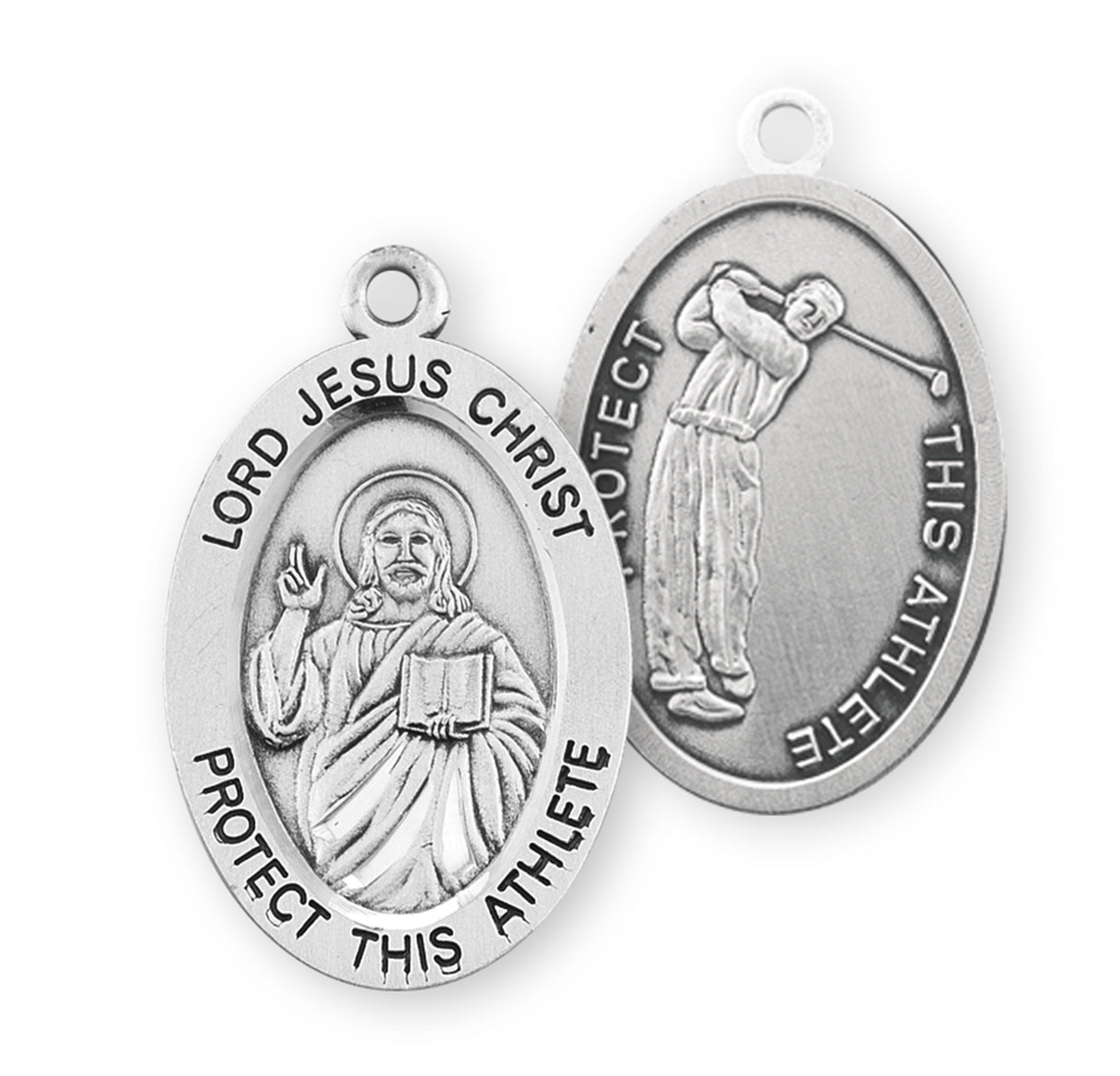 Lord Jesus Christ Oval Sterling Silver Golf Male Athlete Medal Pendant with Chain