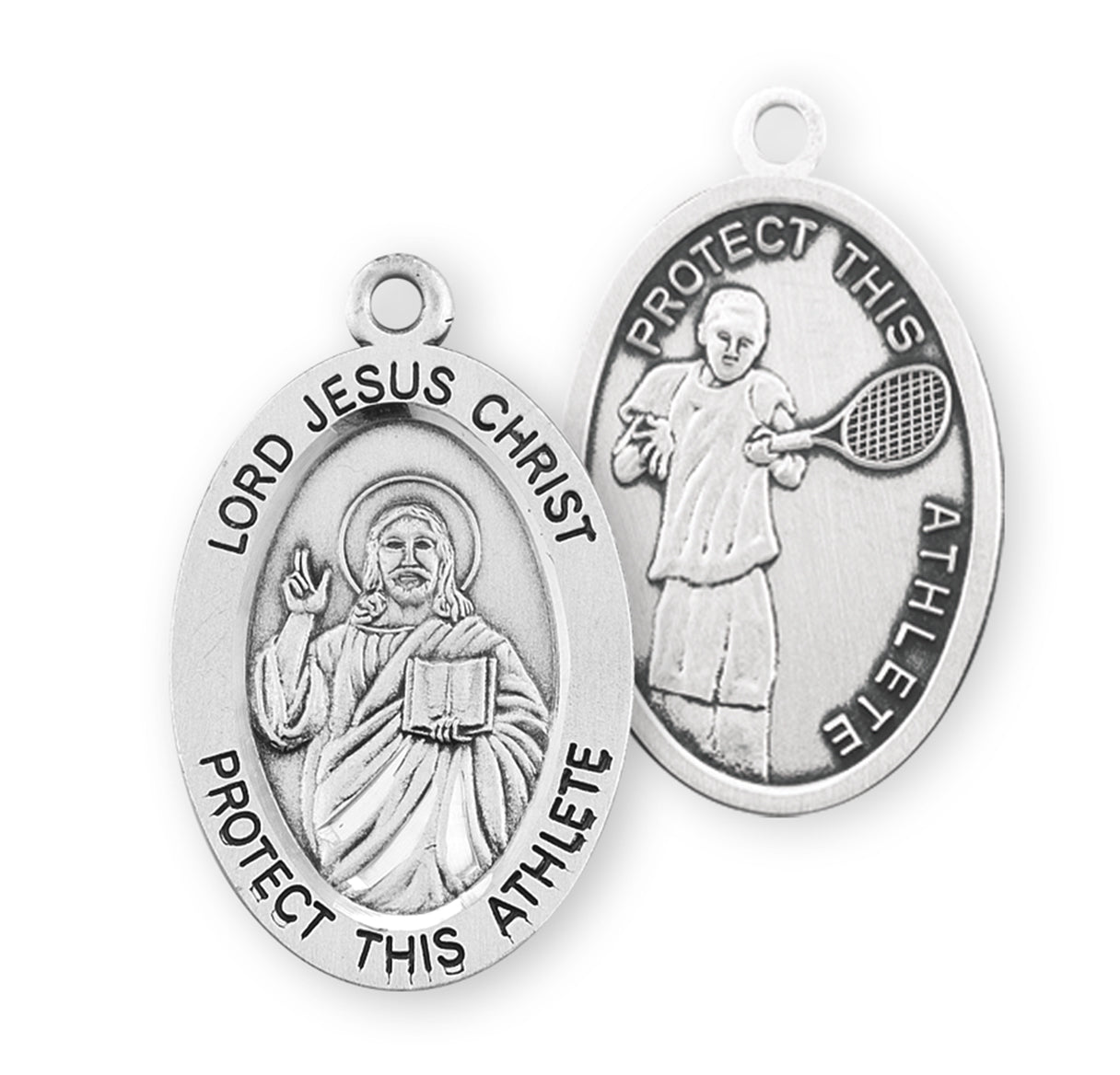 Lord Jesus Christ Oval Sterling Silver Tennis Male Athlete Medal Pendant with Chain
