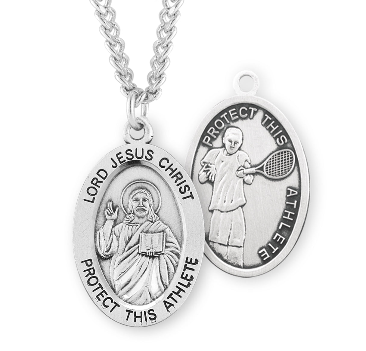 Lord Jesus Christ Oval Sterling Silver Tennis Male Athlete Medal Pendant with Chain