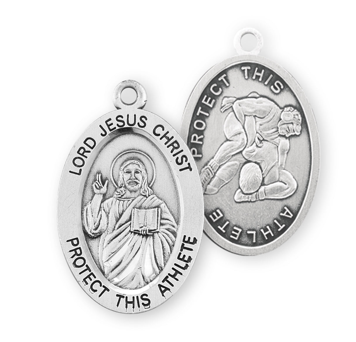 Lord Jesus Christ Oval Sterling Silver Wrestling Male Athlete Medal Pendant with Chain