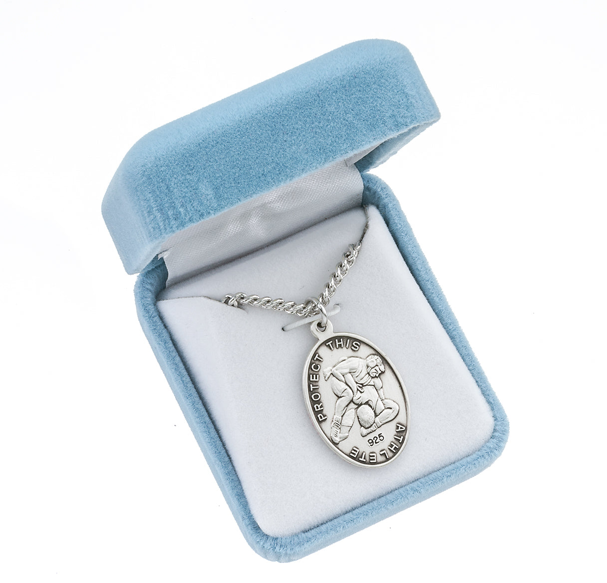 Lord Jesus Christ Oval Sterling Silver Wrestling Male Athlete Medal Pendant with Chain