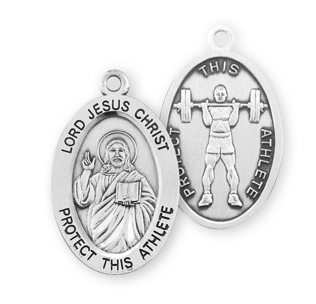 Lord Jesus Christ Oval Sterling Silver weightlifting Male Athlete Medal Pendant with Chain