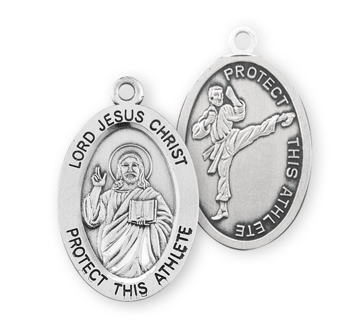 Lord Jesus Christ Oval Sterling Silver Martial Arts Male Athlete Medal Pendant with Chain