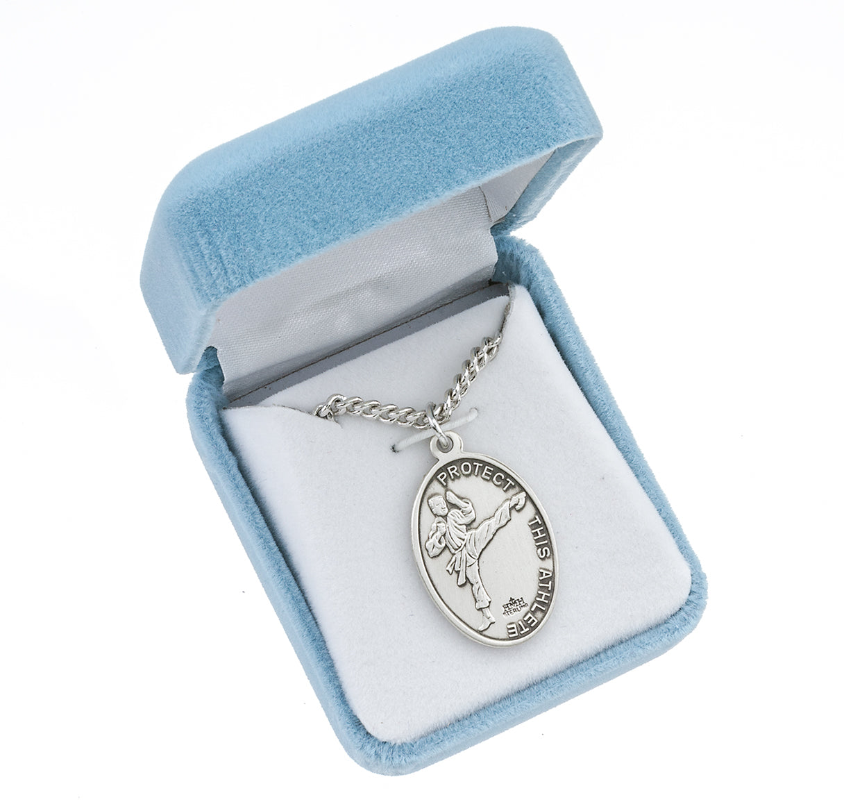 Lord Jesus Christ Oval Sterling Silver Martial Arts Male Athlete Medal Pendant with Chain