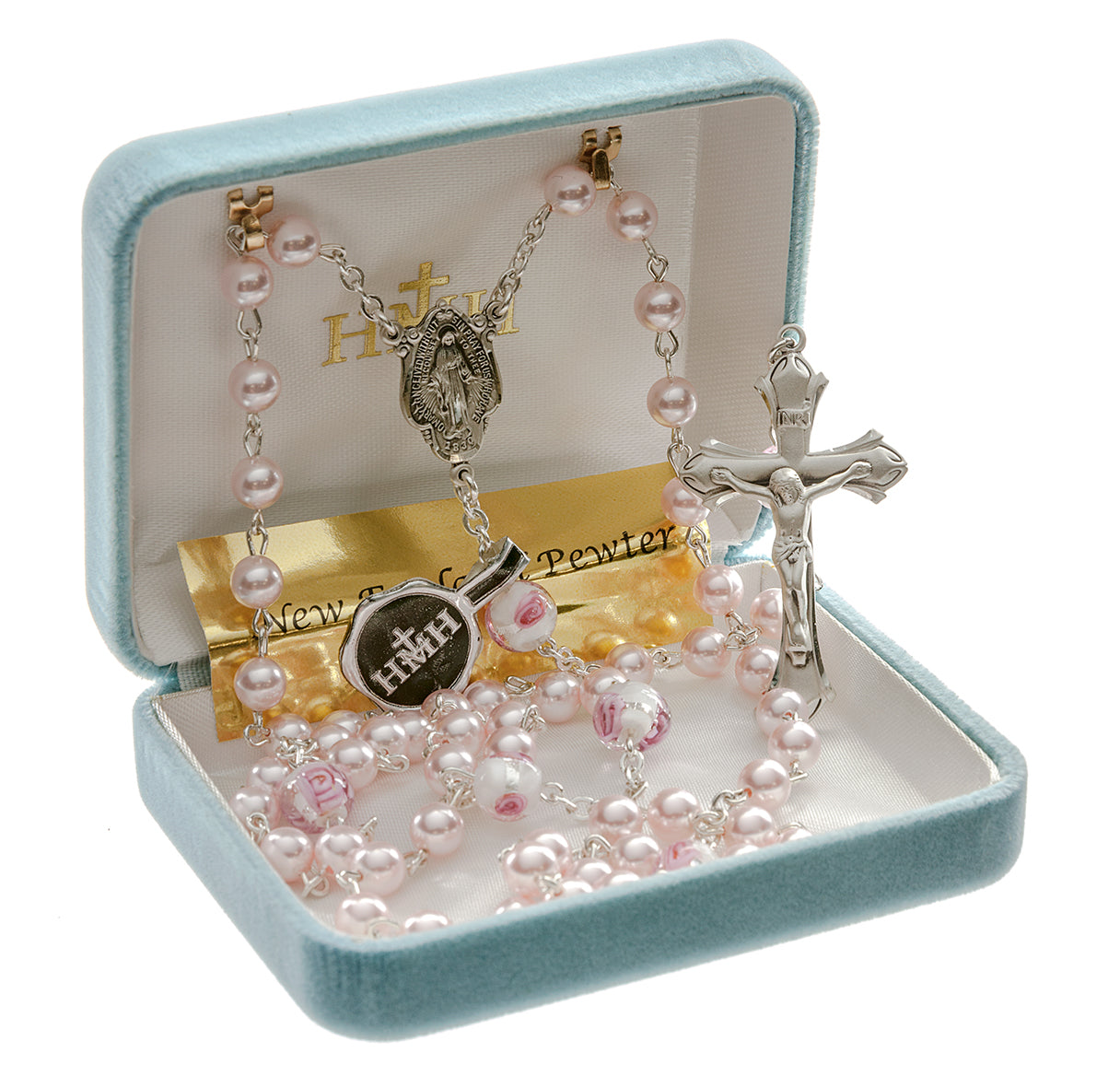 Sterling Silver Rosary Hand Made with finest Austrian Crystal 6mm Pink Pearl Beads by HMH