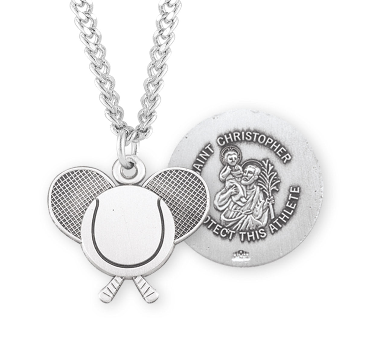 Saint Christopher Sterling Silver Tennis Athlete Medal Pendant with Chain