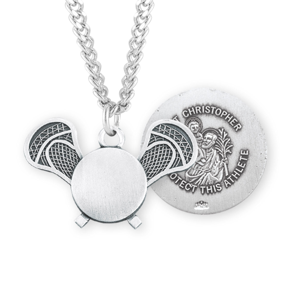 Saint Christopher Sterling Silver Lacrosse Athlete Medal Pendant with Chain