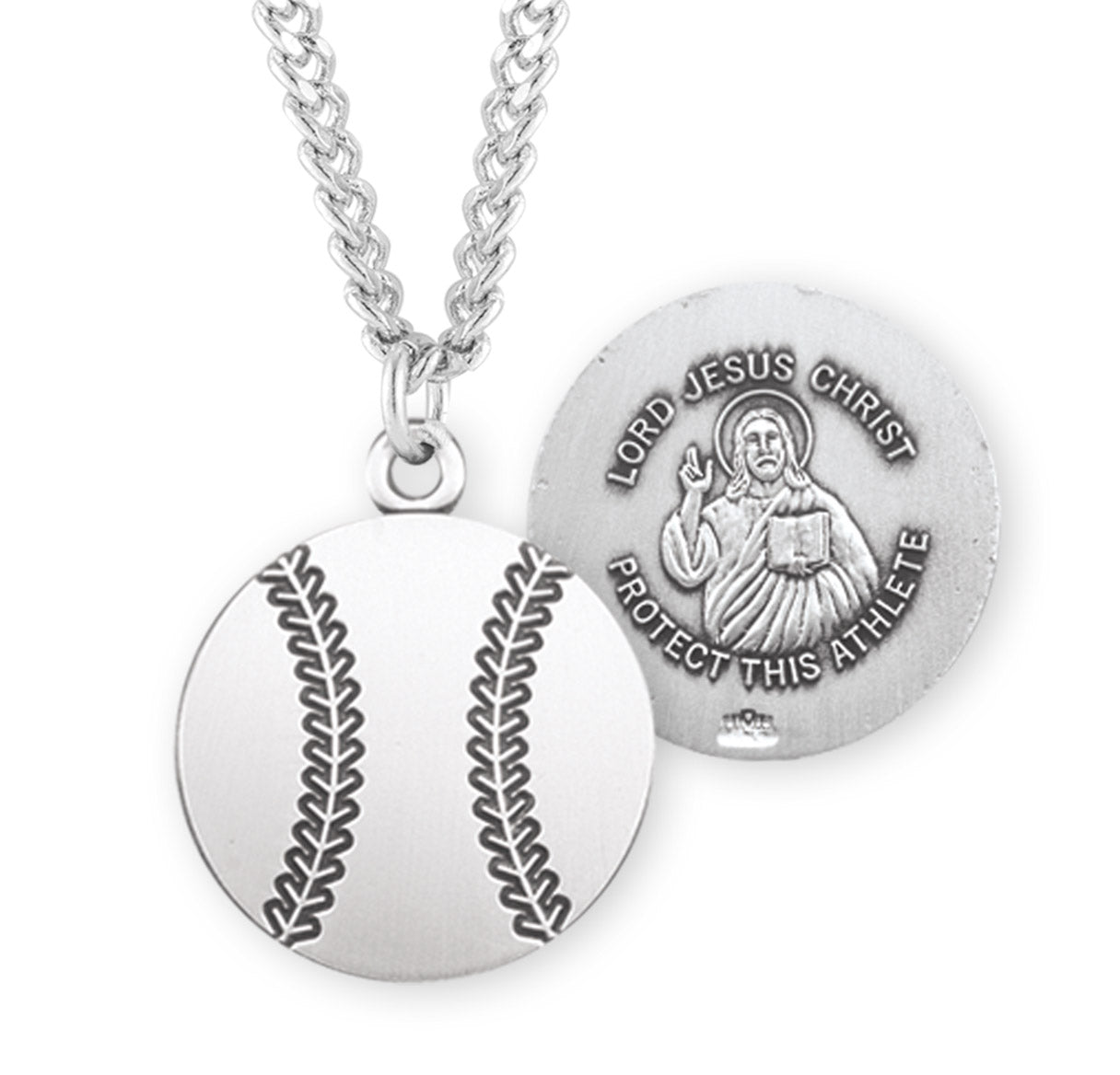 Lord Jesus Christ Sterling Silver Baseball Athlete Medal Pendant with Chain