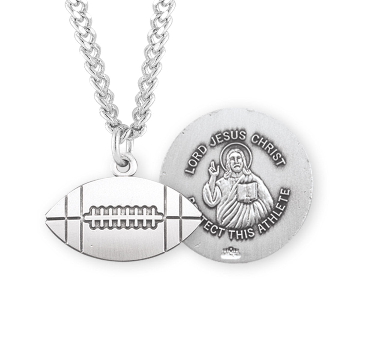 Lord Jesus Christ Sterling Silver Football Athlete Medal Pendant with Chain