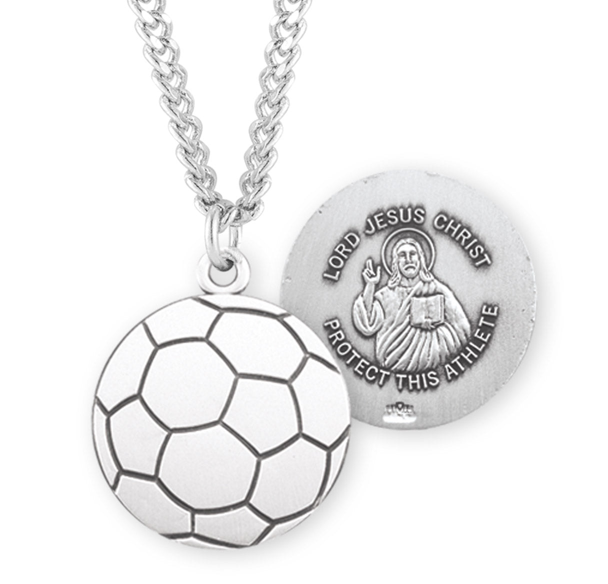 Lord Jesus Christ Sterling Silver Soccer Athlete Medal Pendant with Chain