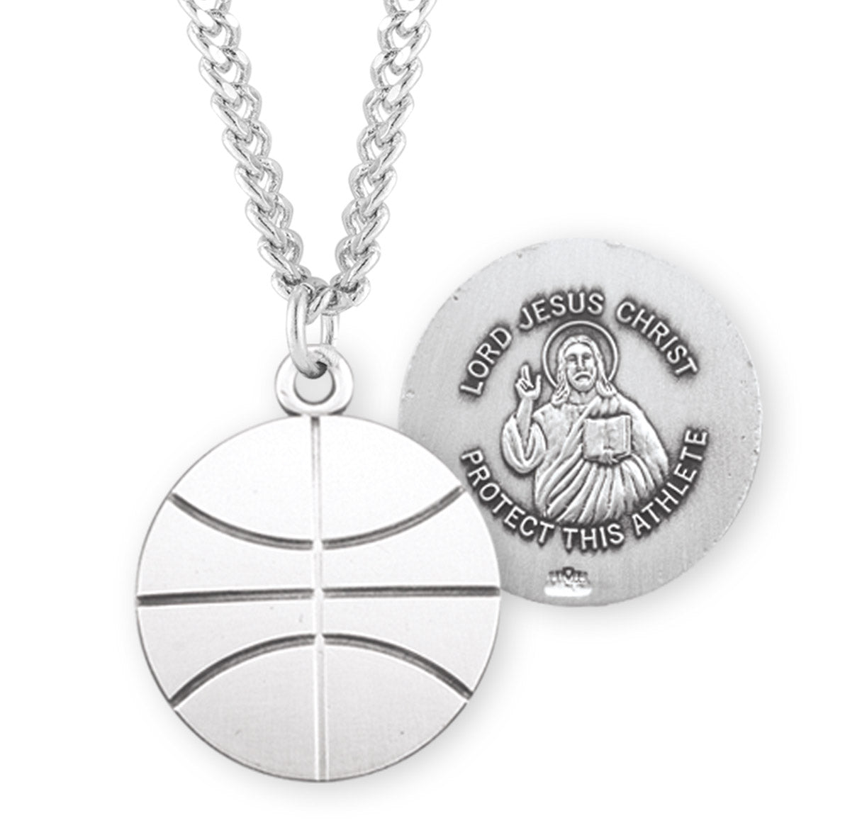Lord Jesus Christ Sterling Silver Basketball Athlete Medal Pendant with Chain
