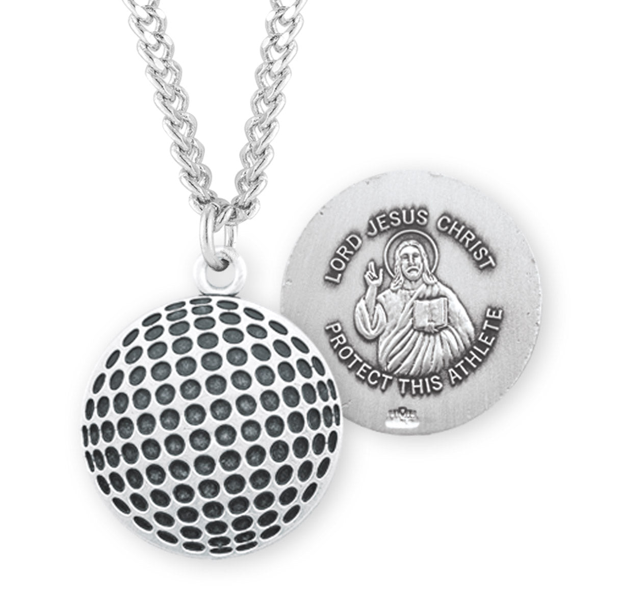 Lord Jesus Christ Sterling Silver Golf Athlete Medal Pendant with Chain