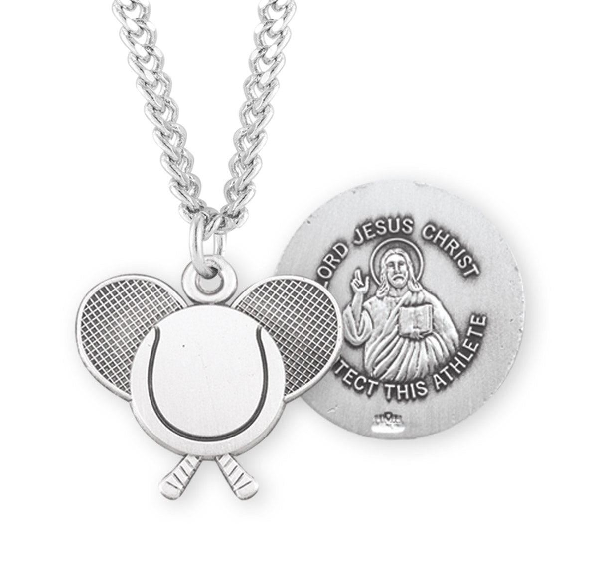 Lord Jesus Christ Sterling Silver Tennis Athlete Medal Pendant with Chain
