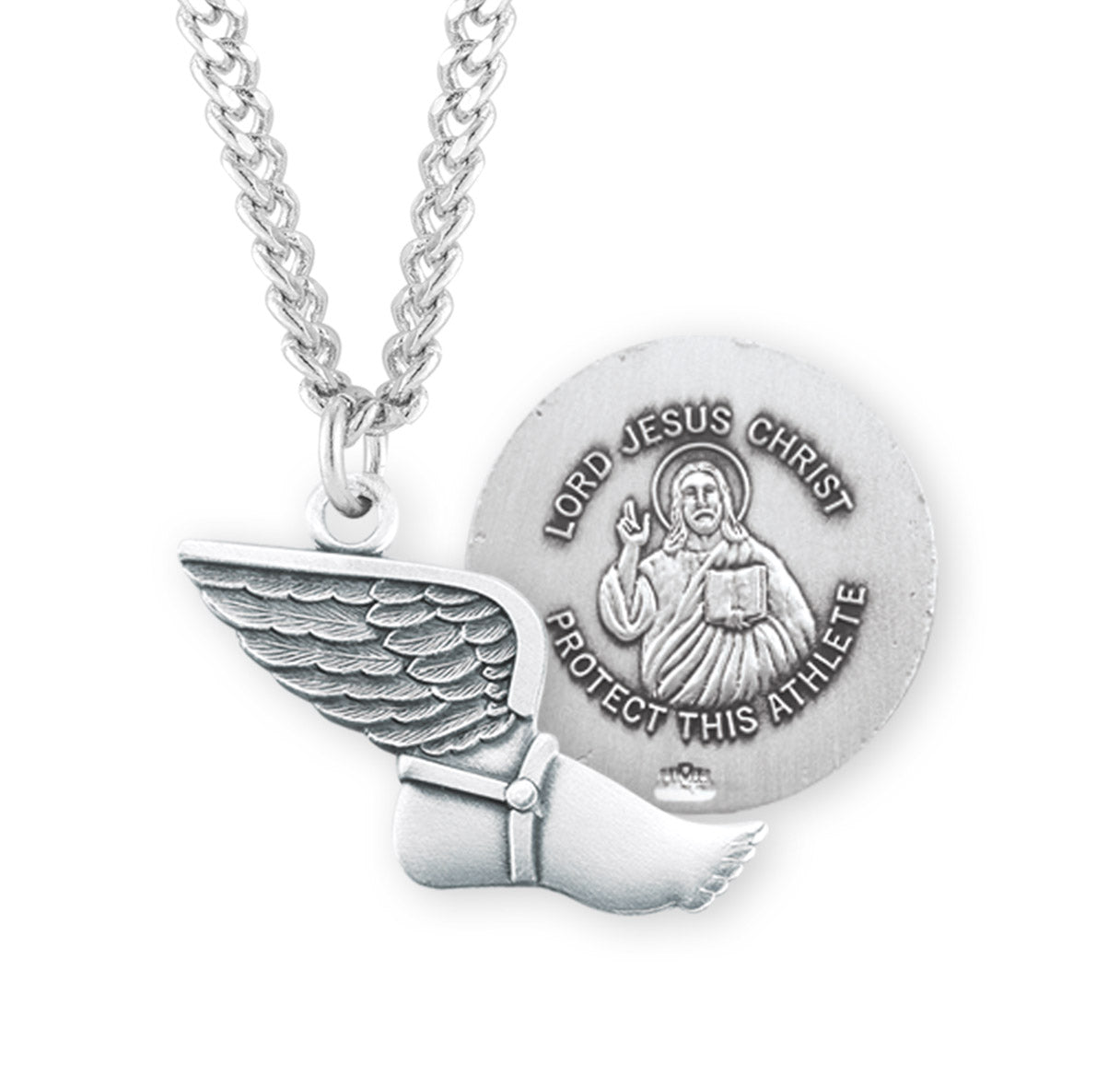 Lord Jesus Christ Sterling Silver Track Athlete Medal Pendant with Chain
