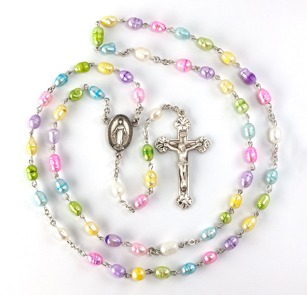 5x7mm Multi Colored Freshwater Pearl Sterling Silver Rosary
