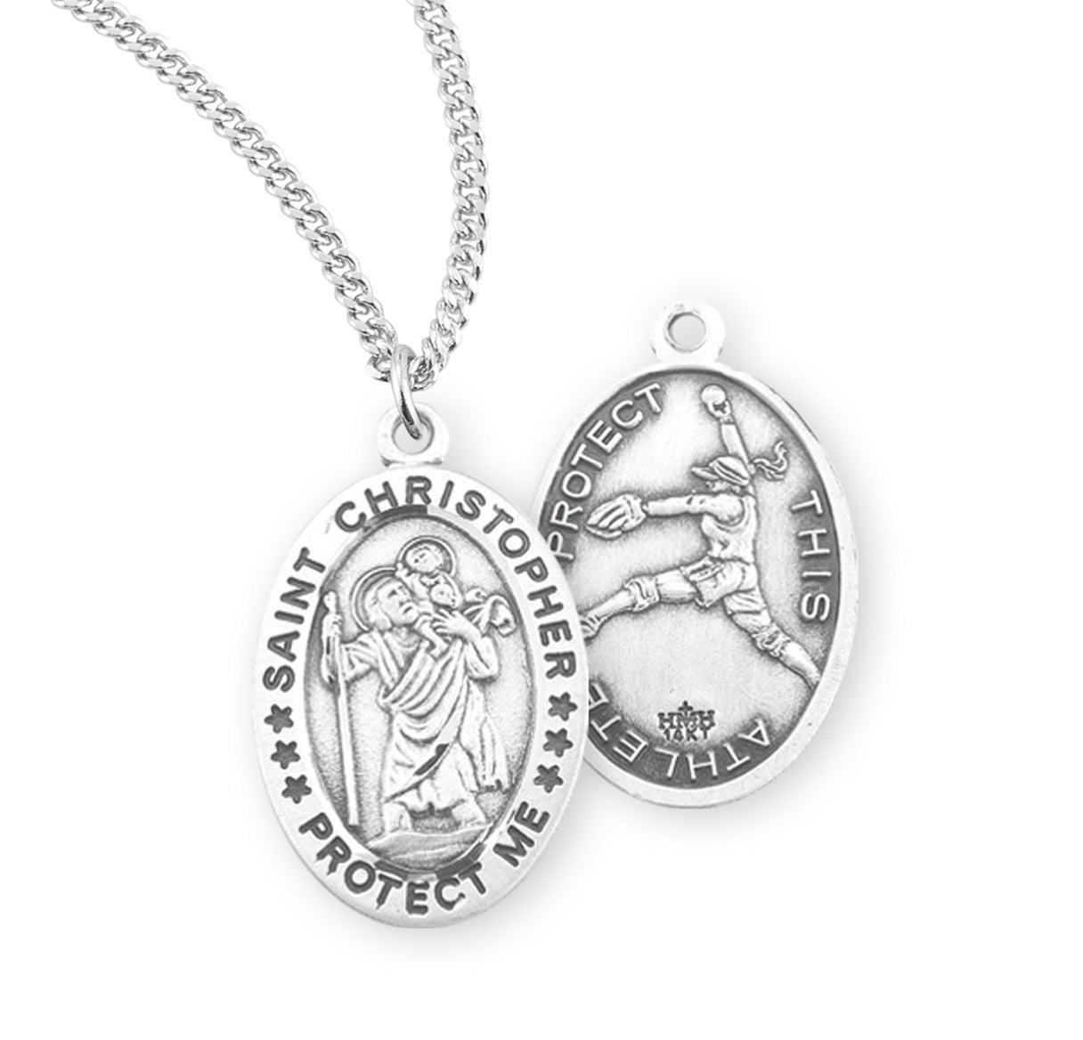 Saint Christopher Oval Sterling Silver Female Softball Athlete Medal Pendant with Chain