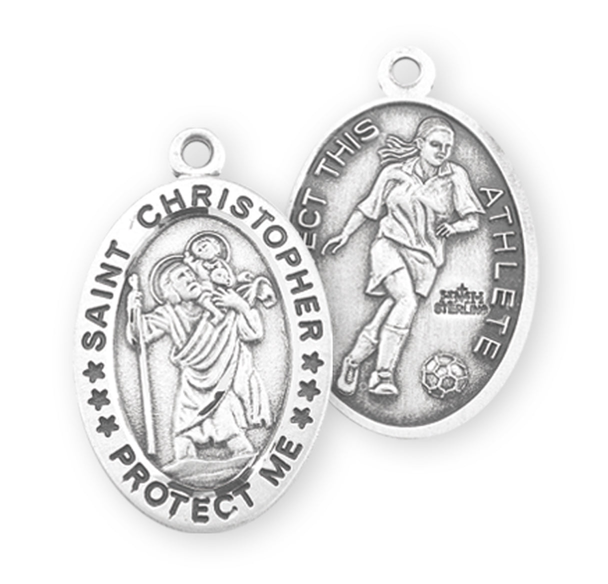 Saint Christopher Oval Sterling Silver Female Soccer Athlete Medal Pendant with Chain