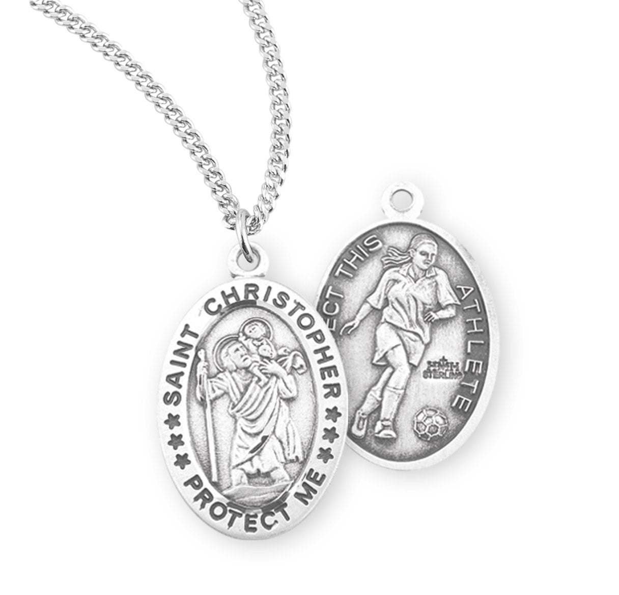 Saint Christopher Oval Sterling Silver Female Soccer Athlete Medal Pendant with Chain