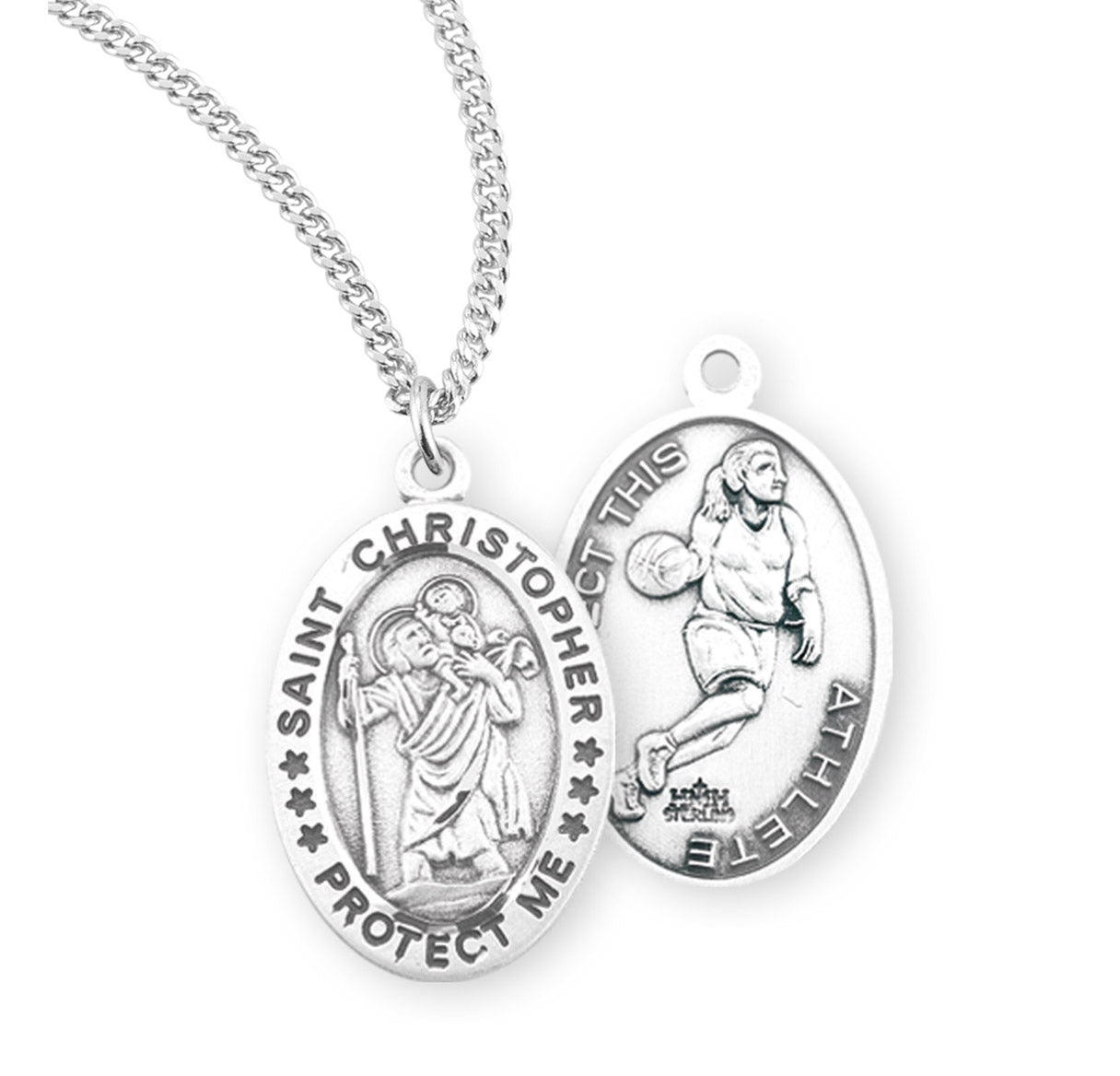 Saint Christopher Oval Sterling Silver Female Basketball Athlete Medal Pendant with Chain