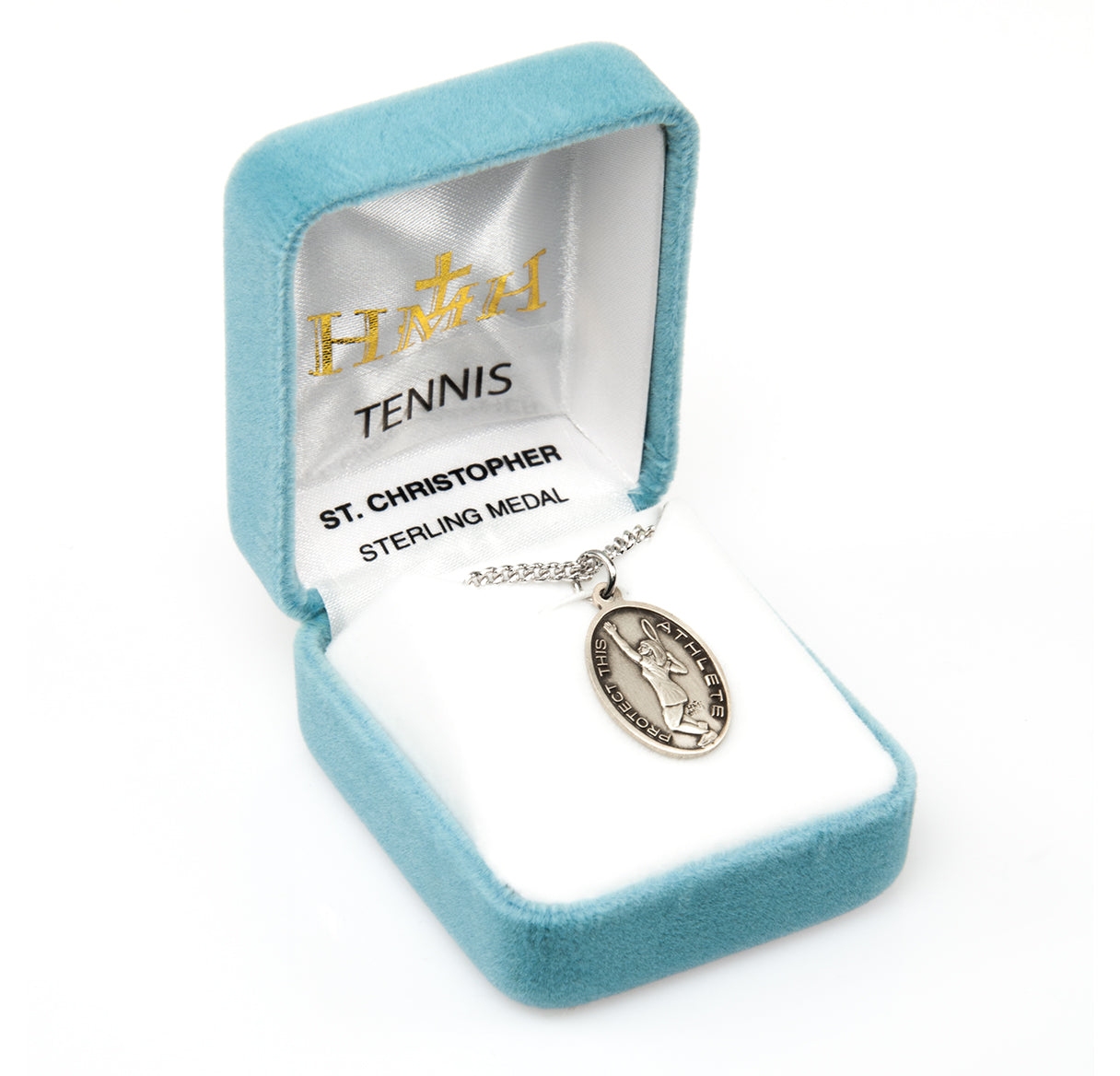 Saint Christopher Oval Sterling Silver Female Tennis Athlete Medal Pendant with Chain
